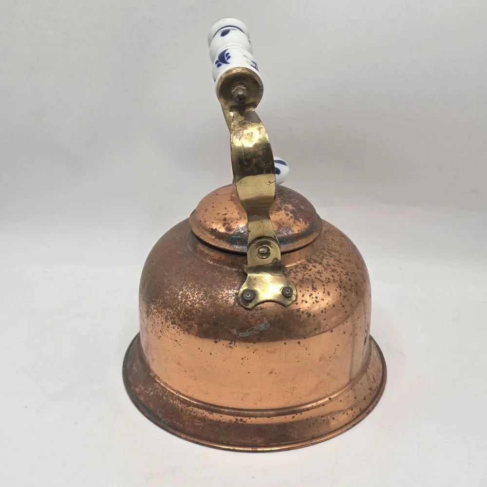 Portugal‎ Copper Tea Kettle Vintage Floral Ceramic Handle Rustic Farmhouse Decor